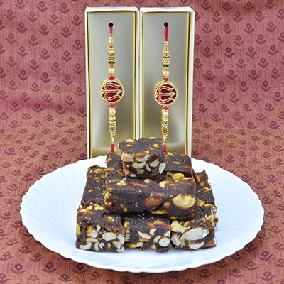 Auspicious Shiva Symbol Made 2 Brother Amazing Looking Rakhis with Sweets of Anjeer Dry fruit Barfi