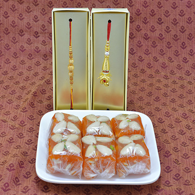 Golden Color Set of Rakhis for Brother and Bhabhi with Best Quality Sweet of Special Karachi Halwa