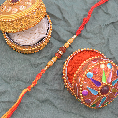 Rudraksh Central Beaded Silver and Golden Pearl Beads Rakhi Thread