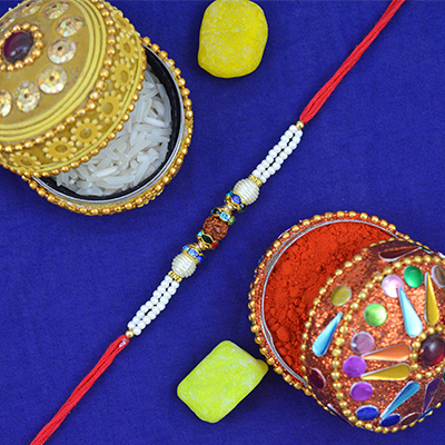Deep Green Glass Beaded Pearl Work Golden Rakhi Thread