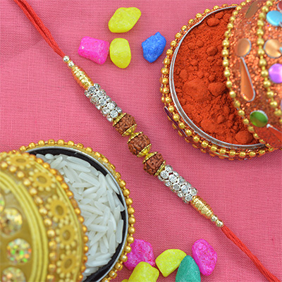 Beautiful Thread Rakhi With 3 Rudraksh and Beads