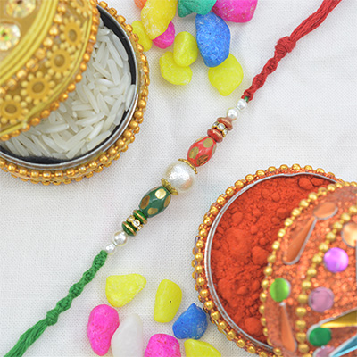 Center Base Pearl and Beads Rakhi in Red String