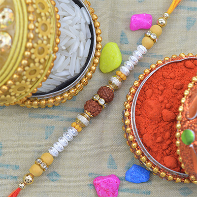 Beautiful Rudraksh And Multicolor Beads Rakhi with Small Diamonds