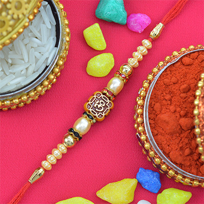 Rectangular Shape Om Designer Rakhi with Pearls