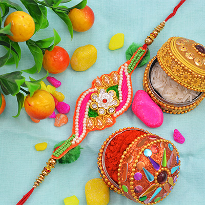 Colorful Attractive Zardosi Rakhi with Multi-Color Beads