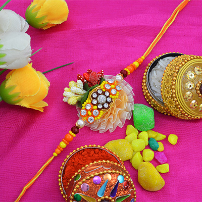 Lovely Flower Design Zardosi Rakhi with Colorfull Beads
