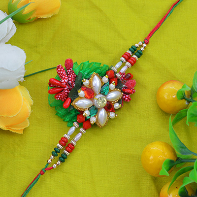 Beautiful Multi-color Beads with Green Flower Design Zardosi Rakhi