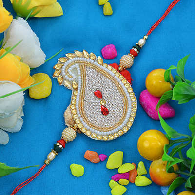 Glorious Golden Theme Tika with Colorful Pearls Zardosi Rakhi