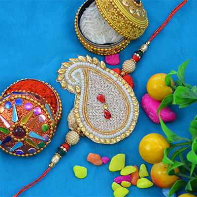 Glorious Golden Theme Tika with Colorful Pearls Zardosi Rakhi