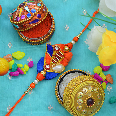 Stylish Rich Looking Zardozi Rakhi with Multi-Color Graceful Beads