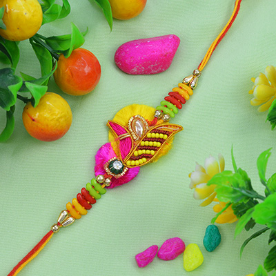 Awesome Multi-Color Zardosi Rakhi with Stunning Pearls with Soft Thread