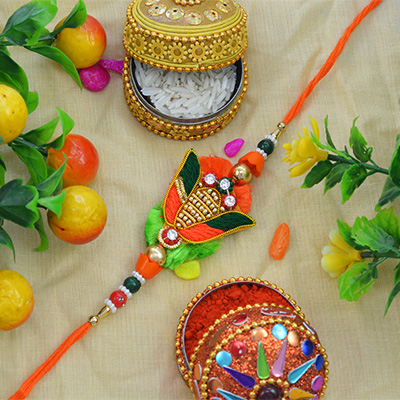 Stunning Beautiful Multi-Color Kalash Zardosi Rakhi with Silk Thread