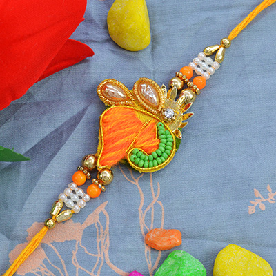 Lovely Colorful Tilak Shape Beads Zardosi Rakhi with Yellow Thread