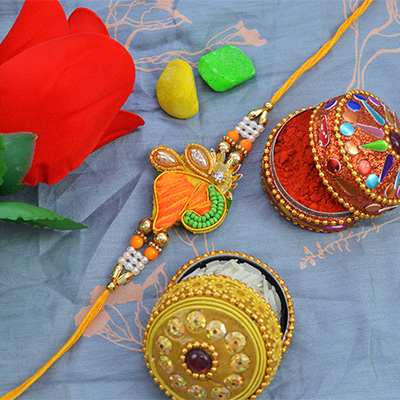 Lovely Colorful Tilak Shape Beads Zardosi Rakhi with Yellow Thread