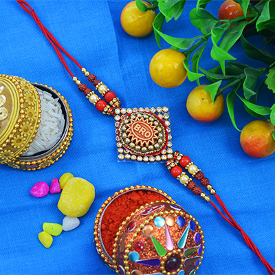 Unique Square Bro Print Zardosi Rakhi with Colorful Beads