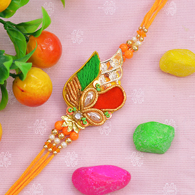 Attractive Colorful Graceful Wing Zardosi Rakhi with Yellow Silk Thread